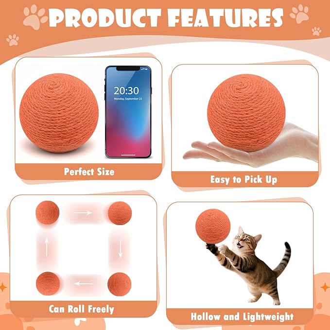 3.94 inch Sisal Cat Ball Toy, Interactive Natural Cat Scratching Ball, Perfect Scratcher for Cats' Exercise and Fun (Orange)