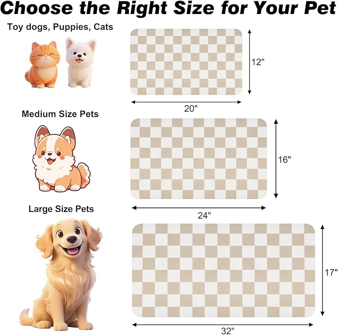 CooRug Checkered Dog Food Mat, Absorbent Leak-Proof Pet Feeding Mat, Quick Dry Cat Food Mat for Messy Drinkers 12" x 20" Khaki
