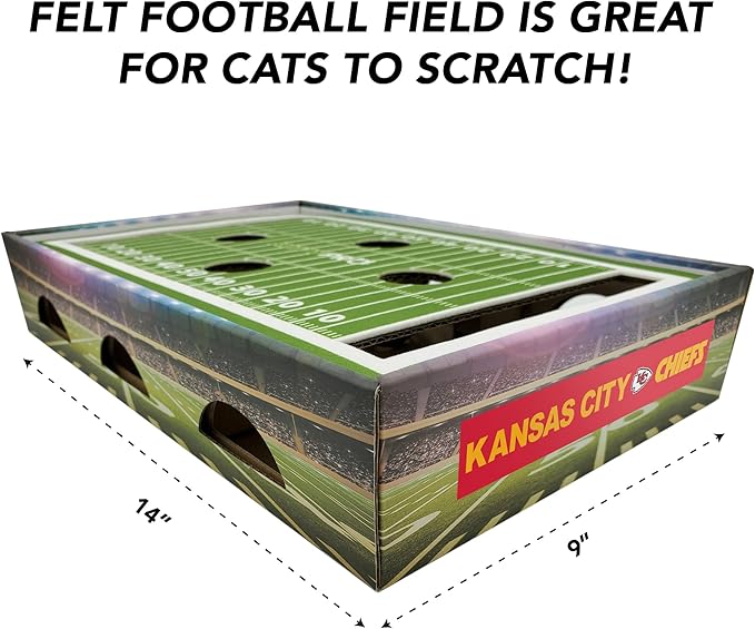 NFL Kansas City Chiefs Football Stadium Cat Scratcher Find & Play Box With 2 Jingle Bell Balls - Game Day Toy, Field Felt Scratcher, Play and Lounge Stimulating Game