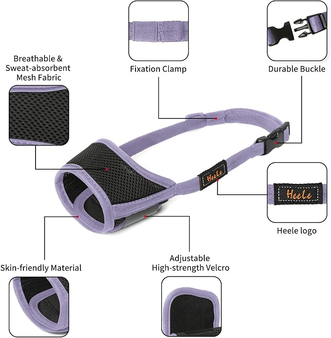 HEELE Dog Muzzle,Soft Nylon Muzzle Anti Biting Barking Chewing,Air Mesh Breathable Drinkable Adjustable Loop Pets Muzzle for Small Medium Large Dogs (Purple, M)