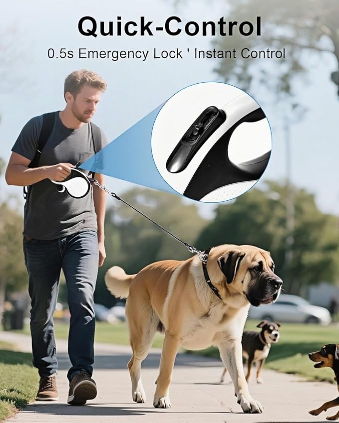 360° Tangle-Free Retractable Dog Leash with Chew Proof Extender | 26ft Upgraded Heavy Duty Retractable Dog Leash with Poop Bag Holder | One-Handed Brake, Pause, Lock (Extra Large, White)