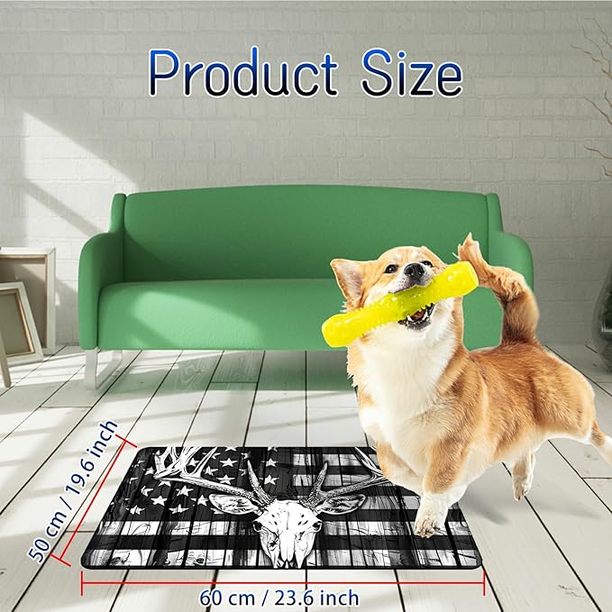 Dog Food Mat, 19.6" x 23.6" Absorbent Pet Feeding Mat for Food and Water, Waterproof Diatom Mud Pet Placemat with Non-Slip Rubber Backing, Cat Bowl Mat for Floors - Grey National Flag Deer