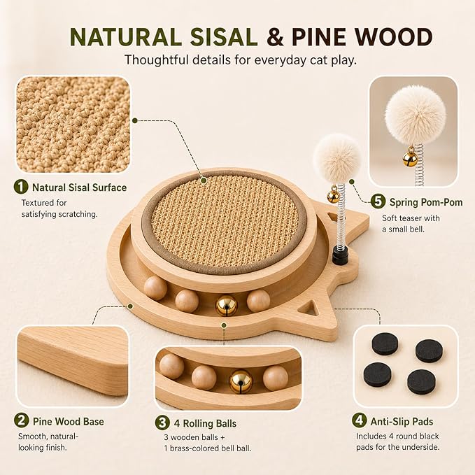 Cat Scratcher Board with Natural Sisal, Interactive Cat Track Toy with Spring Ball – Durable Kitten Scratching Pad for Indoor Cats, Kitty Wooden Cat Toy Stress Relief & Fun Exercise