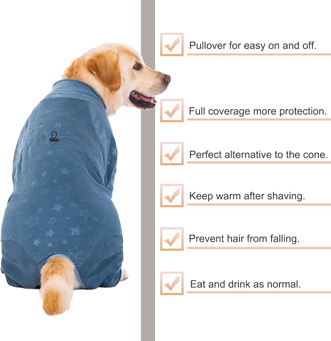 Dog Coats Autumn Winter Jumpsuit for Large Medium Dogs, Warmer Recovery Suit Polar Fleece Dog Bodysuit Lightweight Pajamas Pullover Stretchy Onesie Four-Legged Cold Weather Clothes(2XL, Blue)
