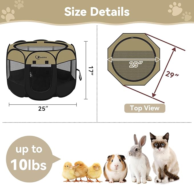Pink Puppy Playpen for Middle Dog Cat, Dogs Tent Crate Cage Indoor/Outdoor, Portable Pop Up Dog Kennel with Carrying Bag for Rabbits, Removable Top (Black Khaki, Small)