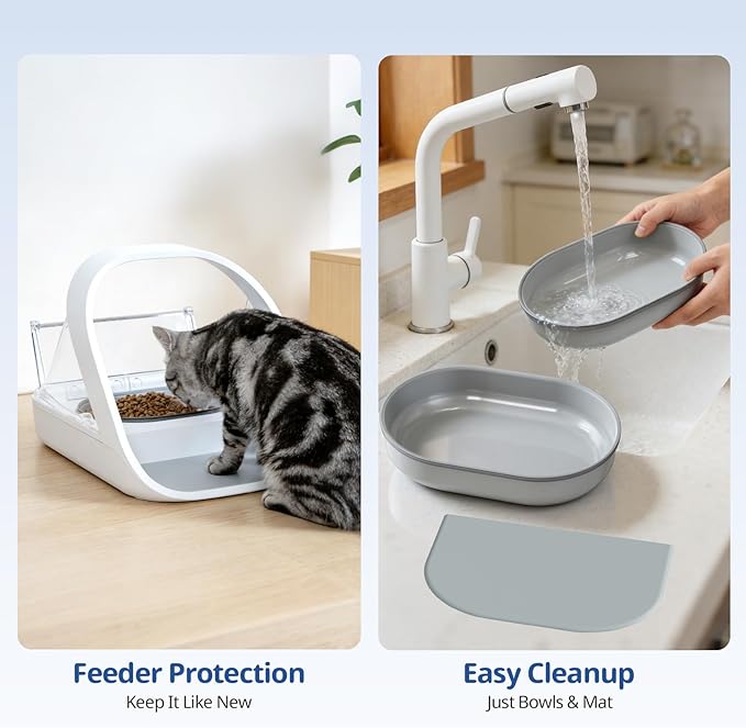 2-Pack Plastic Cat Bowls + 1 Feeding Mat, Specially Designed for Automatic Microchip cat feeders Upgraded Rubber Sealing Ring Design, Durable, Safe for Hands and Pets During Cleaning