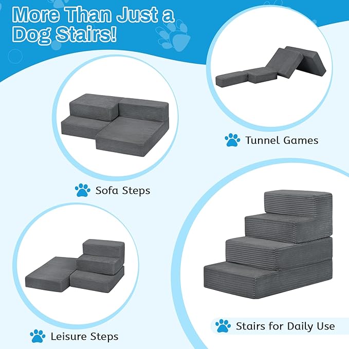Dog Stairs for Small Dogs, 18" H Dog Steps for High Bed, 4 Steps 3 in 1 Foldable Pet Ramp for Large Cats Climb, Transformable Large Cats Ramp to Get on Couch, Non-Slip Balanced, Dark Grey