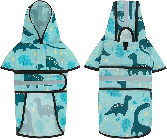 HDE Dog Raincoat Jacket Reflective Adjustable Hooded Pet Poncho Rain Coat with Leash Hole for Small to X-Large Dogs Dinosaurs - L