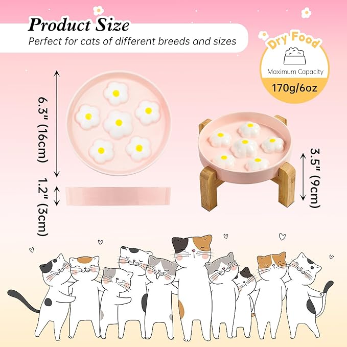 Elevated Slow Feeder Cat Bowl - Maze Puzzle Cat Food Dish with Bamboo Stand, Anti-Slip - Raised Base for Comfortable Eating - 6 OZ - White Flowers