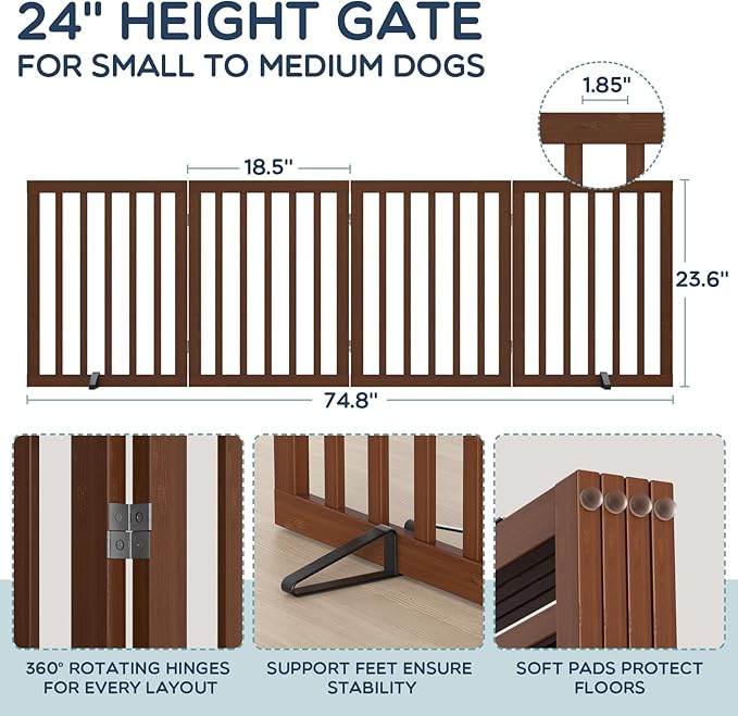 Homykic Bamboo Freestanding Dog Gate, No Assembly Pet Gate Indoor, 24”H x 75”W Extra Wide Foldable Puppy Barrier Fence with Support Feet for the House, Doorways Stairs, 4 Panels, No Drillings, Walnut