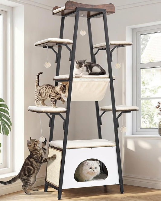 74-Inch Modern Cat Tree Tower for Large Cats, Multi-Level Cat Tower with Scratching Board, Large Perch, Hammock, Removable Pads, White