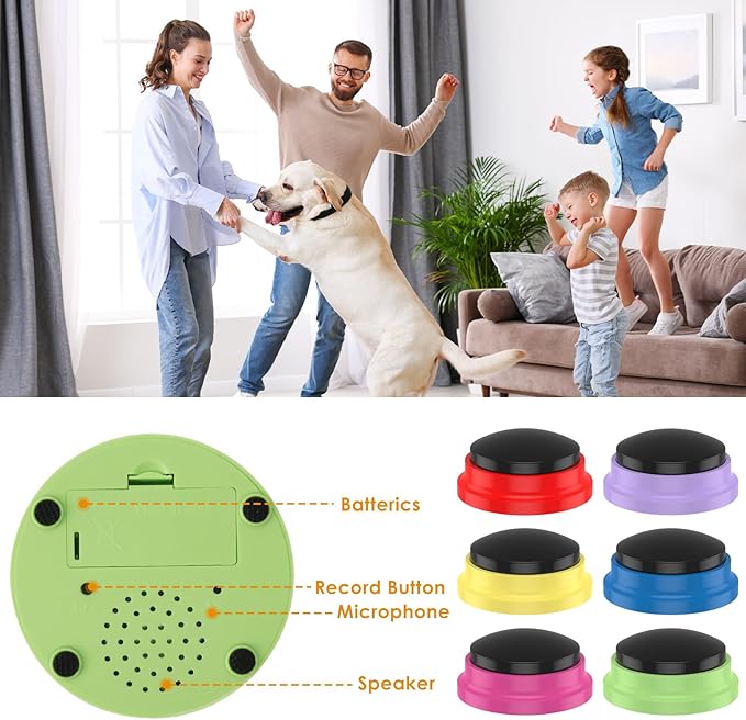 6 Pcs Dog Buttons for Communication, Talking Buttons for Dogs, Recordable Sound Buttons with Dog Button Mat and Scene Stickers, 30 Seconds Dog Buttons for Pet Sound Training Toy