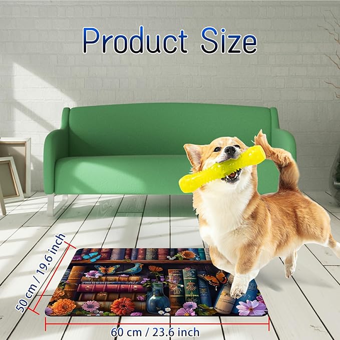 Dog Food Mat, 19.6" x 23.6" Absorbent Pet Feeding Mat for Food and Water, Waterproof Diatom Mud Pet Placemat with Non-Slip Rubber Backing, Easy Clean Cat Bowl Mat for Floors - Flower Book