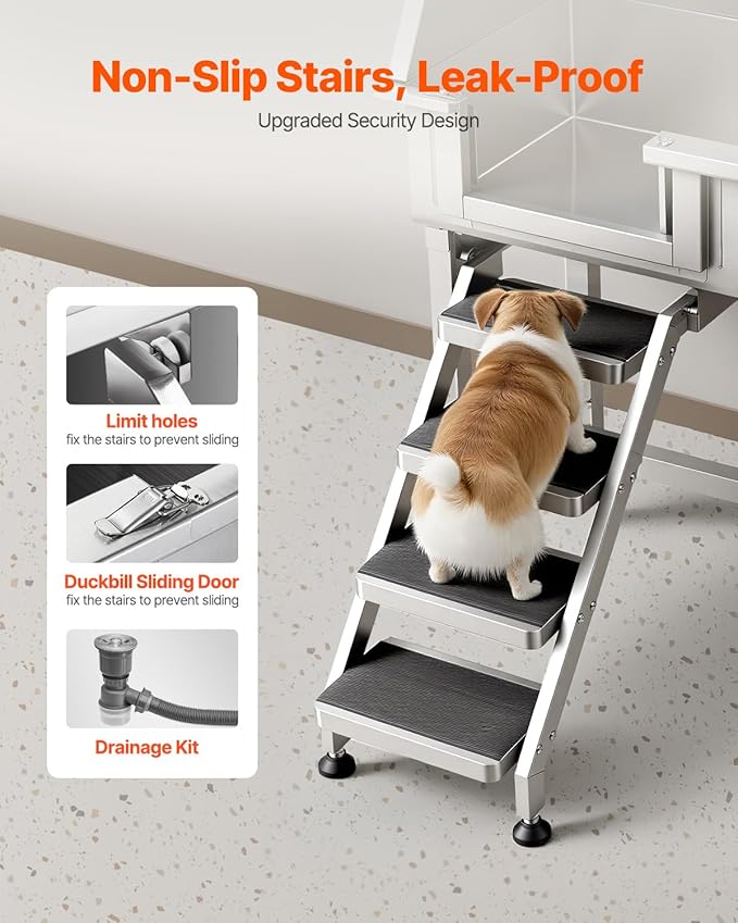 VEVOR 34" Dog Washing Station Professional Stainless Steel Pet Grooming Tub Bathtub Dog Wash Sink with Shower Faucet Soap Holder Non-Slip Stairs Easy-Clean for Small Dogs Cats Left Door