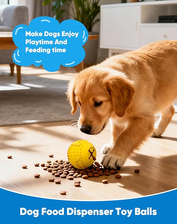 Deeow Rubber Dog Chew Toy Ball, Treat Dispenser for Pet Chewers, Food Grade TPR Teething Shell, Enrichment Puzzle, World Cup Soccer Slow Feeder Dog Toys for Dental Care and Enrichment -Yellow
