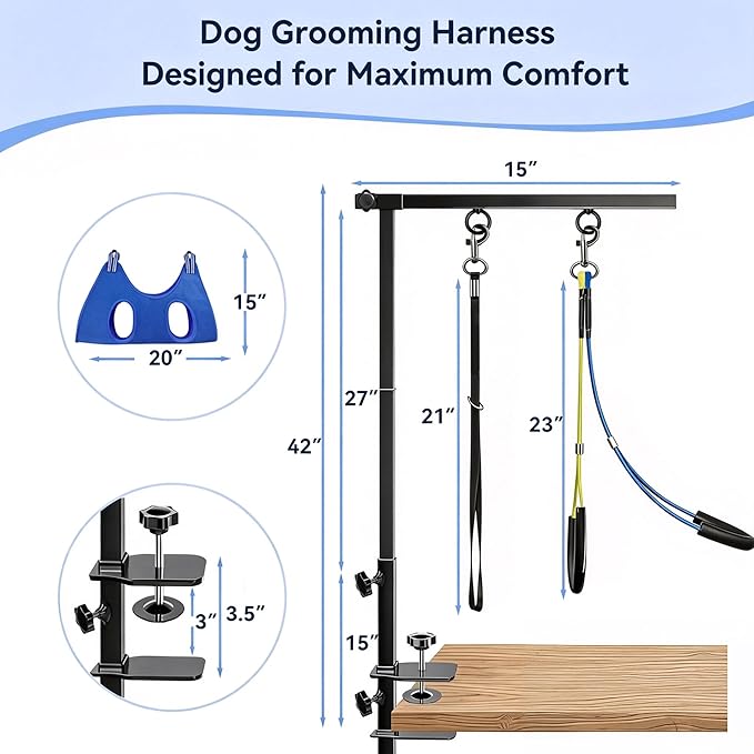 Dog Grooming Arm with Pet Grooming Hammock, 27”-42” Adjustable Grooming Stand with No Sit Haunch Holders and Loop Noose, Grooming Restraint for Small and Medium at Home or Salon