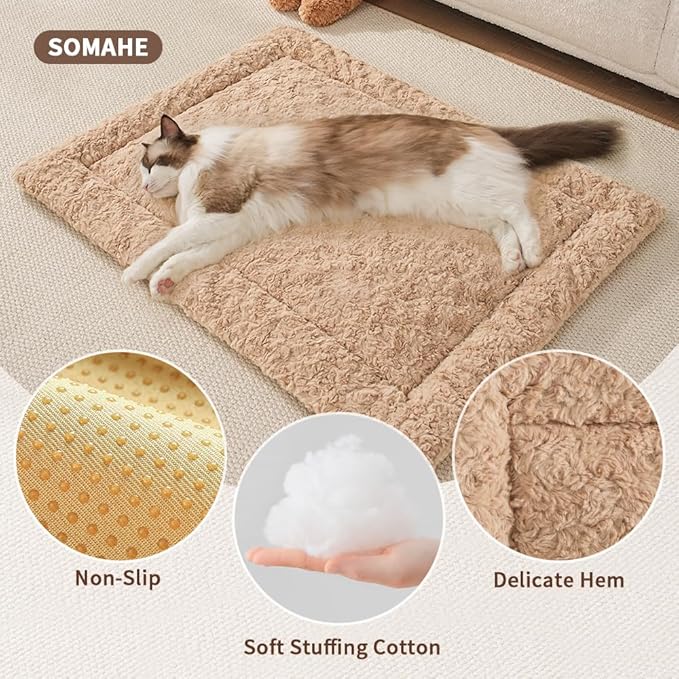 SOMAHE Self Warming Cat Bed Mat, Washable Self Heating Cat Mat, Extra Warm Thermal Pet Pad with Non-Slip Bottom, Soft Plush Faux Fur for Indoor Pet Sleep Cushion, 23x15 Inch Latte
