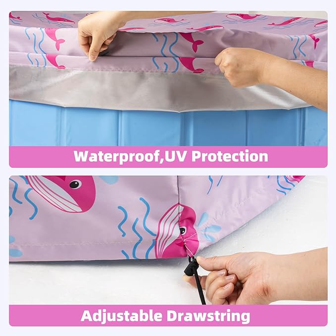 Foldable Dog Pool Cover – Waterproof Round Pet Dog Kiddie Bath Tub Lid Cover, Fit for 32/48/63 Inch Pools, Outdoor Portable Puppy Pool Accessories with Drawstring