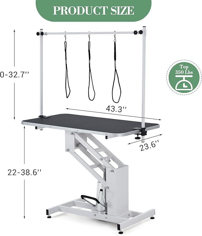 43.3-Inch Large Desktop Hydraulic Pet Grooming Table for Large Dogs with 350 LBS Loading Capacity - Heavy Duty Professional Dog Grooming Table with Non-Slip Desktop and 3 Adjsutable Nooses
