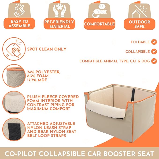 CO-PILOT Dog Car Seat, Foldable Dog Booster Seat for Small Dogs, Dog Car Harness