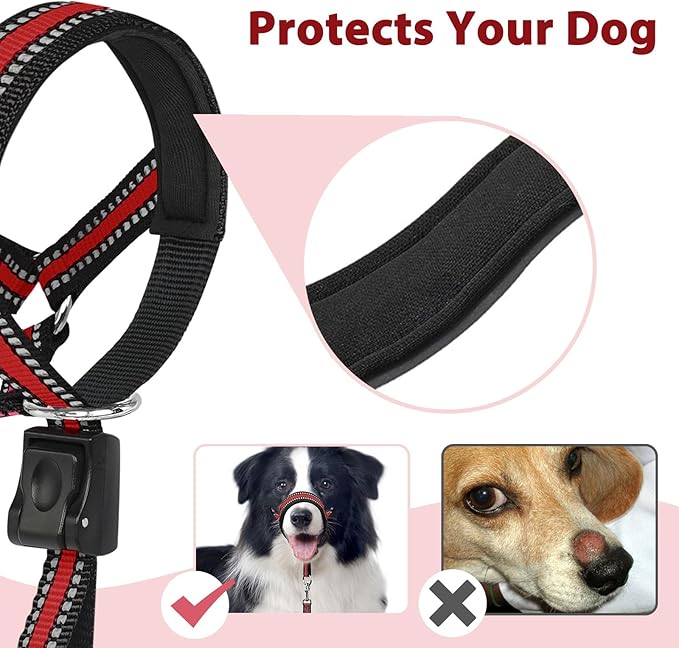 BARKLESS Soft Dog Head Collar, Patented Padded No Pull Head Halter, Training Nose Leash with Safety Link for Medium Large Dogs, Adjustable Muzzle Leash, Easy Control for Walking (XL, Red)