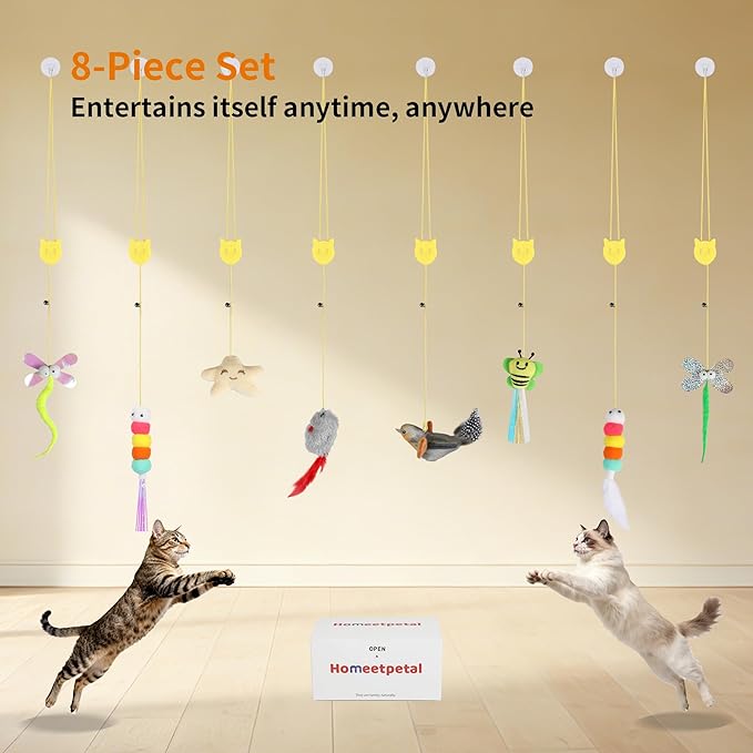 8 Pcs Hanging Cat Teaser Toys, Bird & Mouse Toys with Bird Chirp & Catnip, Bell Feather Toys, Drill-Free Wall Mount for Indoor Kittens and Adult Cats