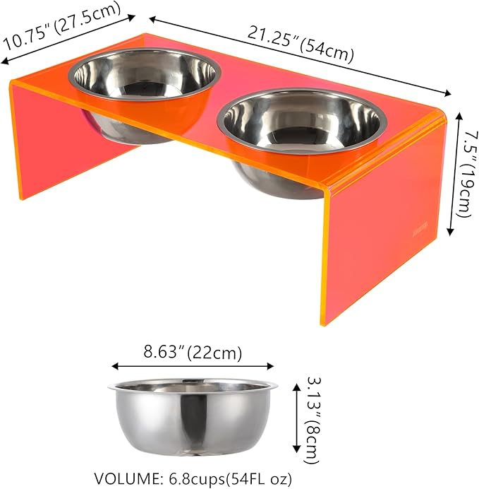 THE LICKER Store DBL2001E Keaton 7.5" Medium/Large Modern Acrylic Rectangular Elevated Pet Feeder with 54oz 2-Stainless Steel Bowls, Pink/Chrome
