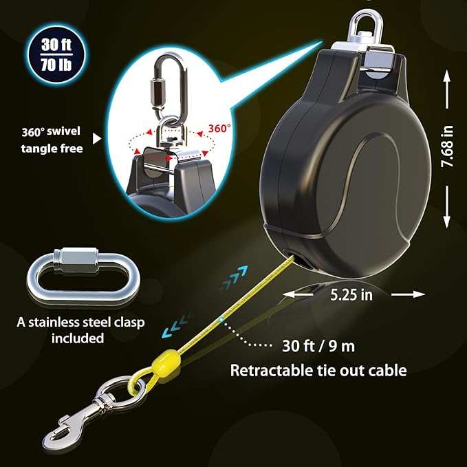 30ft Dog Tie Out Cable and Retractable Dog Leash, 2-in-1 Lead for Zipline, Aerial Run Cable Trolley Or Anchor, No Tangle Retractable Tie Out Reel for Camping Or Yard