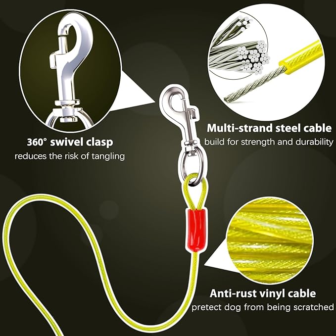 30ft Retractable Dog Leash, 2-in-1 Retractable Dog Lead for Zipline, Aerial Run Cable Trolley Or Stake Anchor, No Tangle Lead Reel for Camping Or Yard (1)