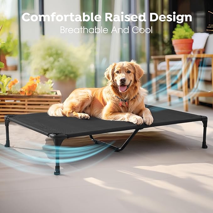 Veehoo Outdoor Elevated Dog Bed Large Sized Dogs, XXL Cooling Raised Dog Cots Beds Training Platform Off Ground Hammock with Breathable Mesh, No-Slip Feet, 59"x37.5", Black