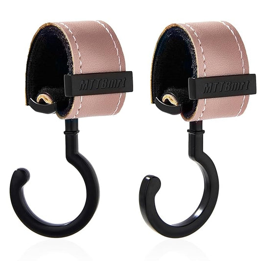 2 Pack Stroller Hooks,Strong Synthetic Leather Hook-and-Loop Fastener&High-Quality Metal Hooks,Universal Bag Clip|360° Rotation, 66lb Capacity,Non-Slip-Fits Wheelchair(Pink-Black)