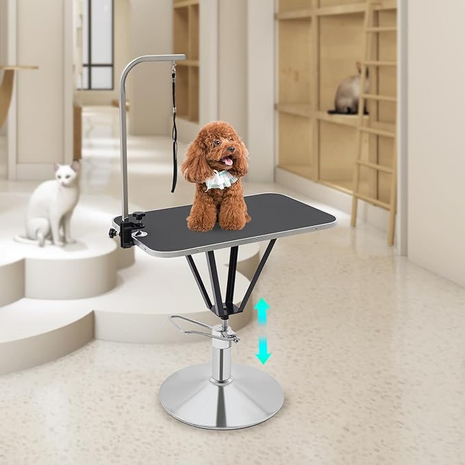 Hydraulic Pet Grooming Table with Adjustable Arms, 360 Degree Table Top Swivel Maximum Load 220 lbs Professional Pet Grooming Table, 34in Hydraulic (Black,Rectangular)