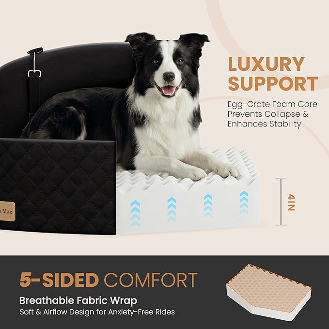 Dog Car Seat for Medium/Large Dogs, Memory Foam Dog Booster Seat with Thick Cushion up to 55 lbs or 2 Small Dogs, Travel Pet Car Seat with Detachable Washable Cover, 2 Safety Leashes (Black/Black)