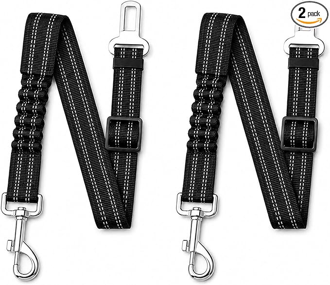 Dog Seat Belt 2Pcs, Retractable Pet Car Harness, Adjustable Dog SeatBelts for Vehicle, Nylon Pet Safety with Elastic Bungee (Black)