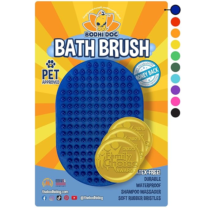 Bodhi Dog Stainless Steel Comb & Shampoo Brush - Bath & Shower Supplies for Dogs & Cats - Removes Shedding, Mats & Tangles - Pet Grooming Scrubber Bundle (Blue)
