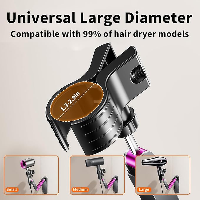 Metal Stable Hair Dryer Stand,Hands Free Blow Dryer Stand With Height & Angle Adjustable,Wall Mounted & Countertop Hairdryer Holder For Bathroom Bedroom Vanity,Compatible With 99% Hairdryers（Large）