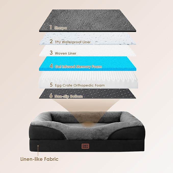 EHEYCIGA Orthopedic Dog Bed for Medium Dog, 35x22 Inch Memory Foam Dog Couch Bed with Sides, Waterproof Liner & Washable Removable Cover, Bolster Pet Sofa, Grey/Black