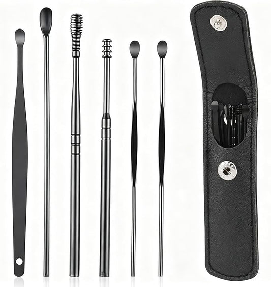 6 Pcs Ear Wax Removal Kit- Ear Cleaner Tool Stainless Steel- Portable Spiral Cleaning Tools with Storage Box for Adults (6 Pcs Black)