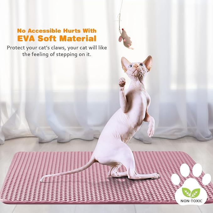Waterproof Cat Litter Mat, Double Layer EVA, Odor-Free Large Grid, Urine Proof, Easy Cleanup (Pink, 12 x 12)