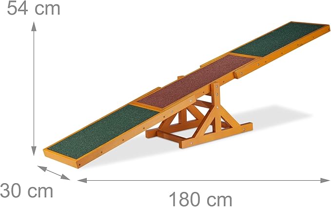 Relaxdays Colourful Wooden Pet Seesaw for Big and Small Dogs, Equipment for Agility and Obedience Training, 54 x 180 x 30 cm, Brown