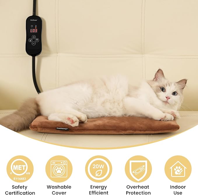 Pet Heating Pad for Cats and Dogs, Heated Cat Bed & Dog Heating Pad with 5 Temperature Levels, Waterproof Heated Pet Mat with Timer, Auto Power-Off and Chew Resistant Cord, 20'' x 16''