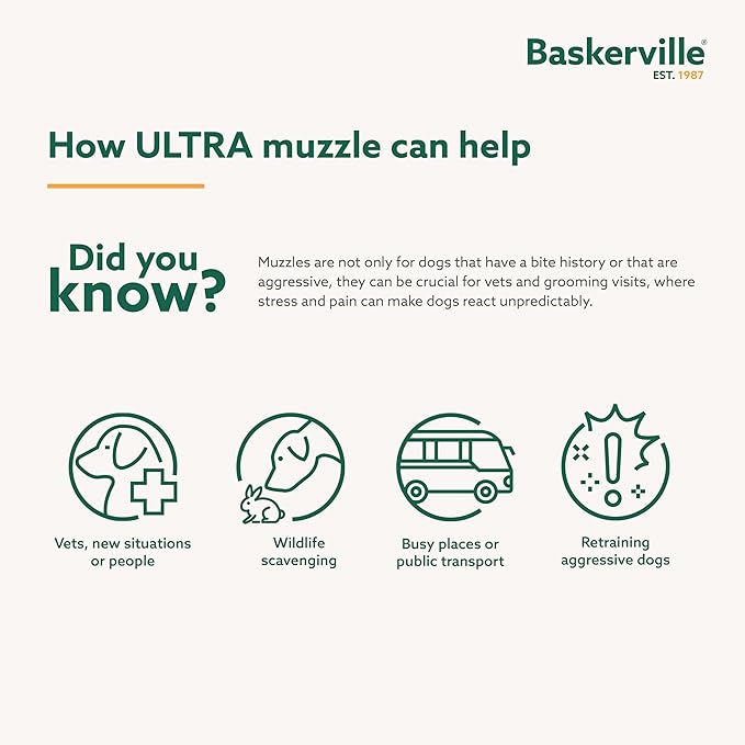 Baskerville ULTRA Muzzle - Patented Humane Design, Breathable, Dog can Pant and Drink, Adjustable, Padded, Training Muzzle for Medium-sized Dogs, Prevents Biting, Wildlife Scavenging (Size 4, Black)