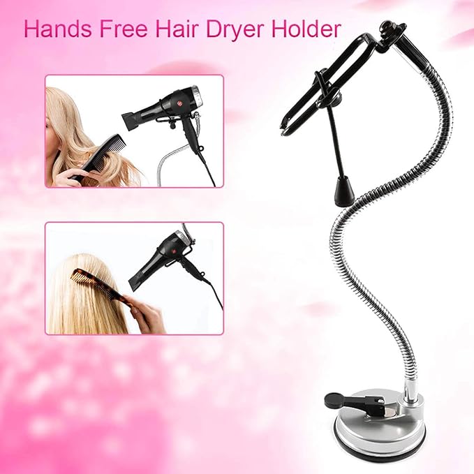 Adjustable Hair Dryer Holder Stand, 360 Degree Freely Rotation Hair Dryer Wall Universal Holder, Hands Hair Blower Stand with Suction Cup