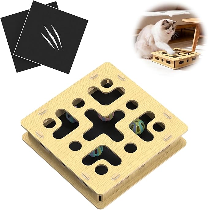 EIODEAR Cat Nail File Scratcher Box with 3 Sandpaper Pads & 4 Bell Balls, Sturdy Wood Cat Nail Scratcher to File Nails, Cat Toy Filer Toy for Treat-Motivated Cats, Included Silicone Security Rings