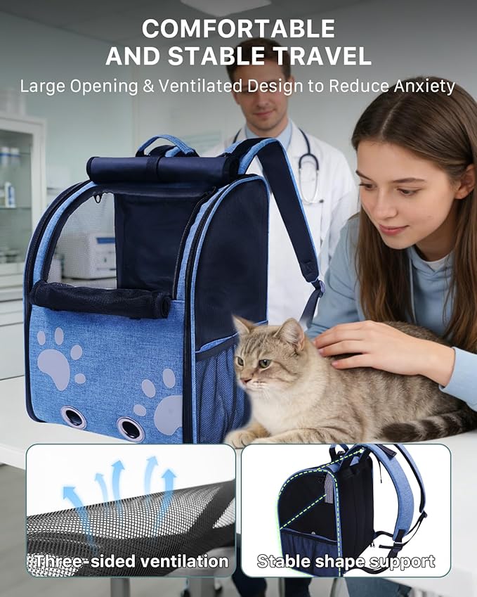 Cat Backpack Carrier, Ventilated Cat Backpack with Reflective Strips, Foldable Cat Carrying Backpack for Kitty Small Dog up to 15lbs (Blue)