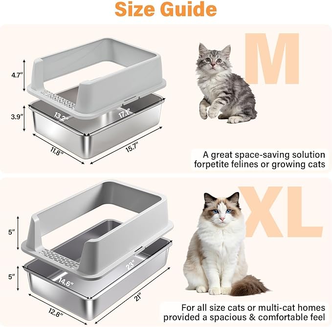 Stainless Steel Litter Box with High Sides, Small Metal Litter Box for Kittens & Small Cats, Low Entry Kitten Litter Boxes with Scoop and Mat, Non-Sticky, Anti-Urine Leakage, Easy Cleaning, Gray