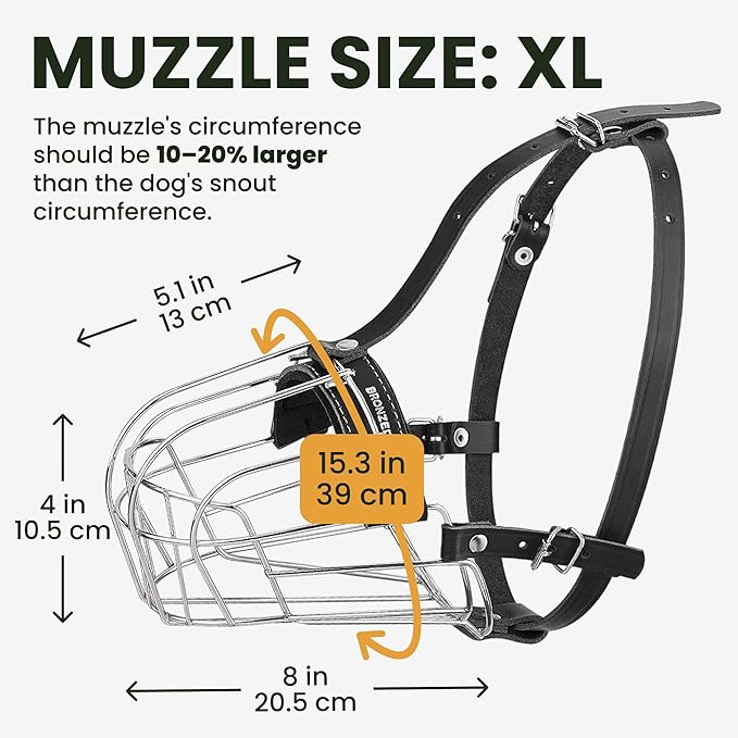 BronzeDog Dog Muzzle German Shepherd Wire Basket Metal Mask Leather Adjustable Medium Large Pets (XL)