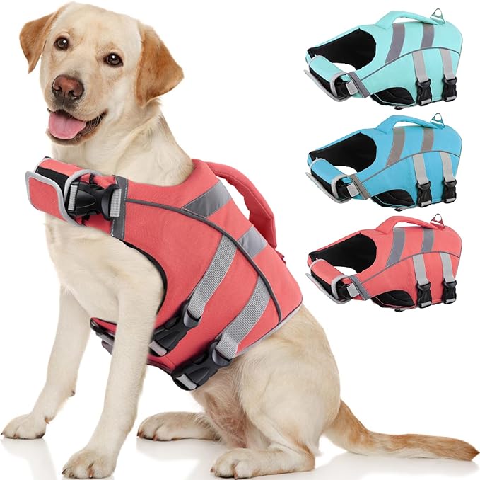 Kuoser Dog Life Jacket with Reflective Stripes, Dog Life Vest for Swimming Boating, Adjustable Pet Lifejackets with High Flotation, Doggie Swimsuit for Small Medium Large Dogs