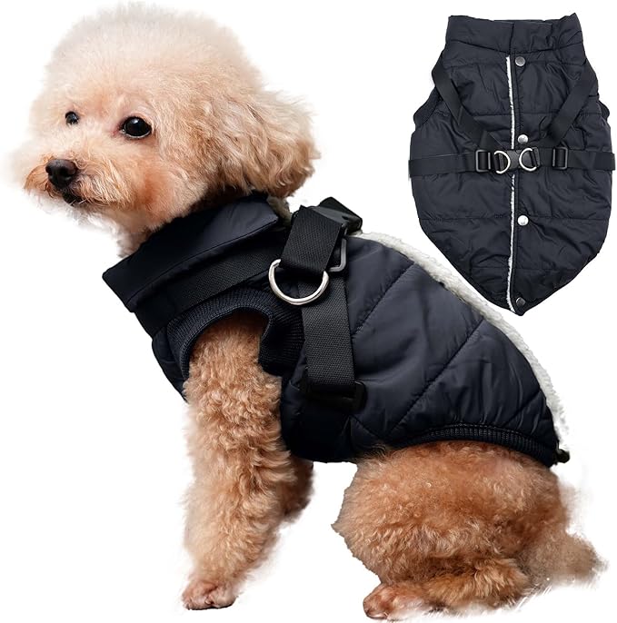 JoyDaog Dog Jacket with Harness,Fleece Lined Warm Puppy Coat for Winter,Soft Windproof Small Dog Vest,Black M