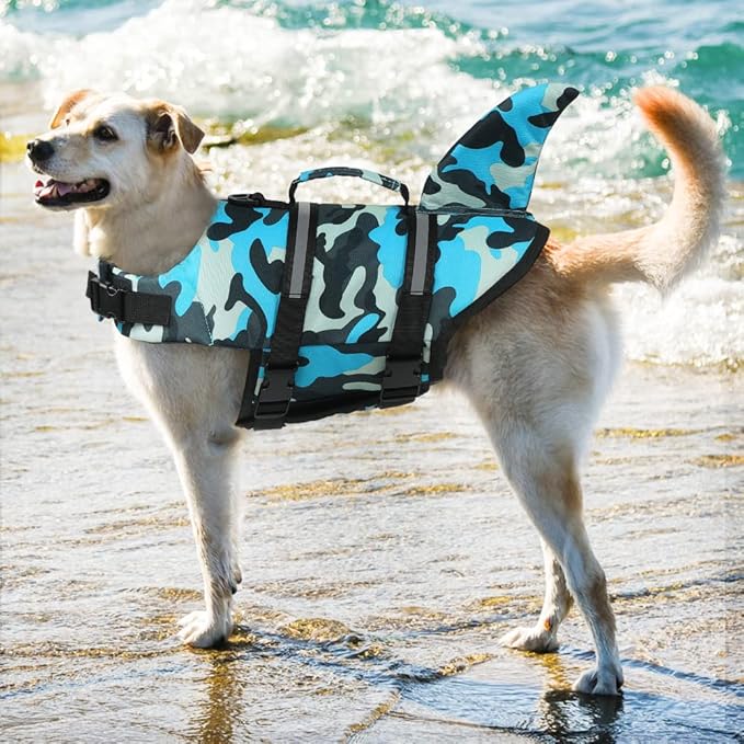 EMUST Dog Life Vests, Pet Floats for Swimming, Boat, Pool, Ripstop Dog Life Jacket with High Buoyancy and Lift Handle for Small and Medium Breeds, (M,Blue Camouflage)